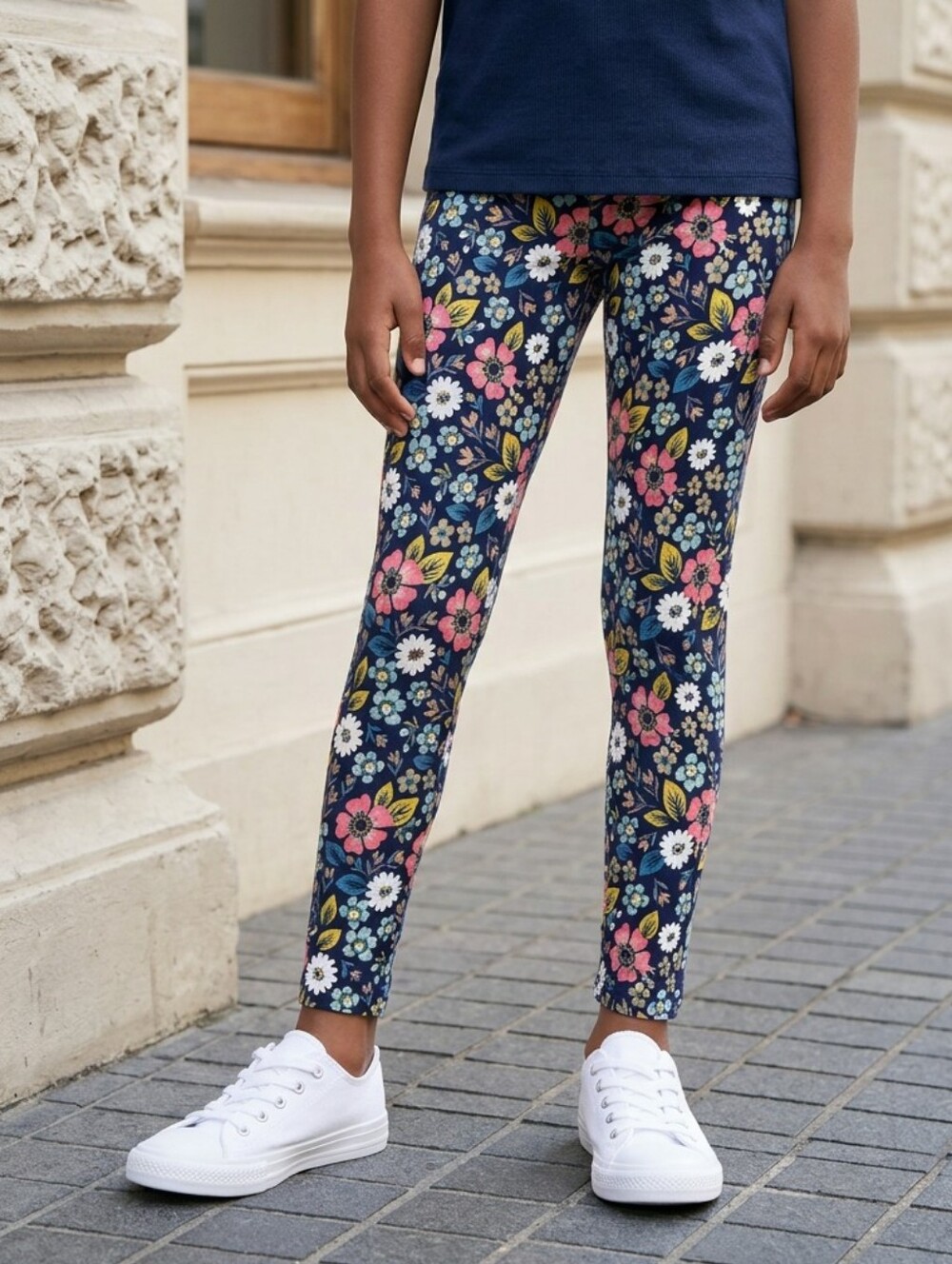 Tommy Bahama Girls Leggings 7 8 Navy Floral Glitter Stretch Knit Pull On Pants